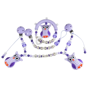Geschenkbox Greifling + Schnullerkette + Kinderwagenkette Flieder *Knistereulen*