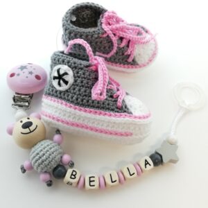 Babyschuhe + Schnullerkette Rosa/Grau