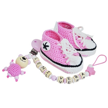 Babyschuhe + Schnullerkette Rosa