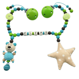Kinderwagenkette mit Häkelteddy und Stoffstern