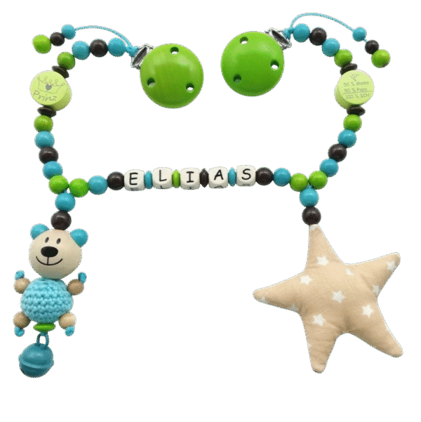 Kinderwagenkette mit Häkelteddy und Stoffstern