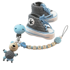 Babyschuhe + Schnullerkette Blau/Grau