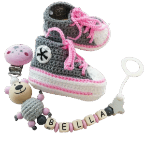 Babyschuhe + Schnullerkette Rosa/Grau